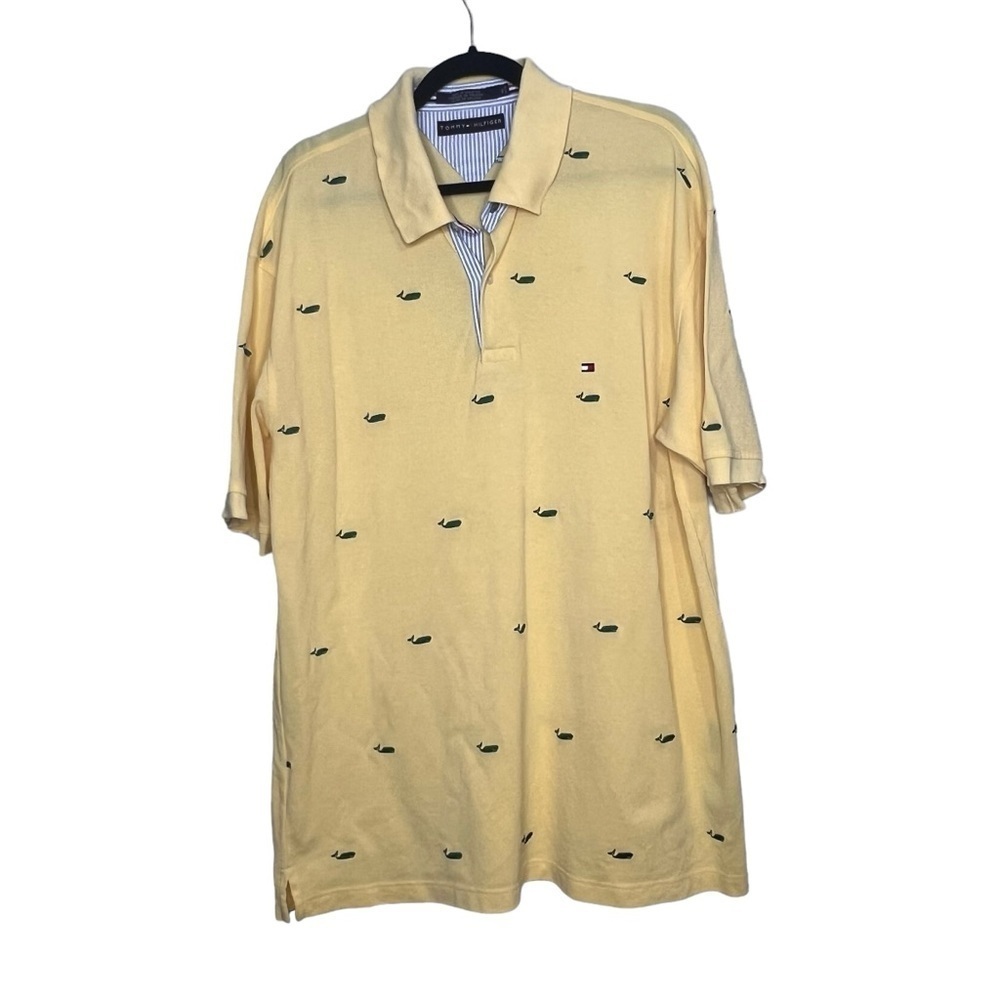 TOMMY HILFIGER Mens Size XL Polo Shirt Yellow Embroidered Whales Short Sleeve